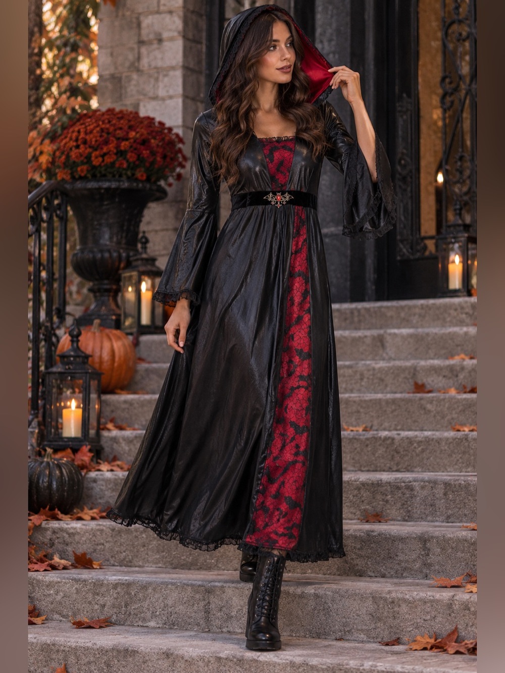 🦇 Spirit Women’s Hooded Vampire Gothic Costume Dress Adult M Black & Red
